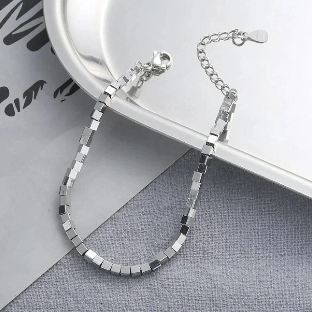 925 Sterling Silver Dainty Box Cube Minimalist Bracelet